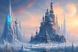 Science fiction city near frozen lake, impressionism painting