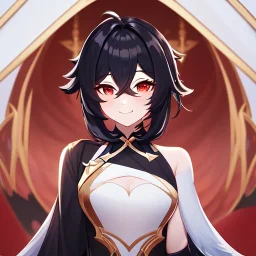 Clear focus,High resolution, black short fluffy hair, long fluffy bangs, and red eyes, Depressed girl, wearing a genshin impact outfit,slight revealing outfit, Smug smile, half closed eyes, smile, full body, Extreme close up, smiling, eyes close, Extreme Close up