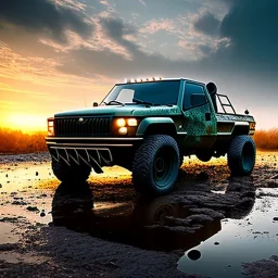 hyperrealistic shot, muddy aggressive military toy truck, monotone color palette, sharp focus, puddle reflection, tire water splash, refraction, mist on the horizon, sunset, rocks background, detailed and intricate, cinematic composition, micro, tilt shift photography