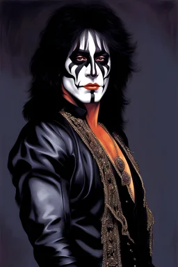 30-year-old Peter Criss (Drummer) with shoulder length, wavy, straight black and gray hair, with his face made up to look like a cat's face, red lipstick - in the art style of Boris Vallejo, Frank Frazetta, Julie bell, Caravaggio, Rembrandt, Michelangelo, Picasso, Gilbert Stuart, Gerald Brom, Thomas Kinkade, Neal Adams, Jim Lee, Sanjulian, Thomas Kinkade, Jim Lee, Alex Ross,