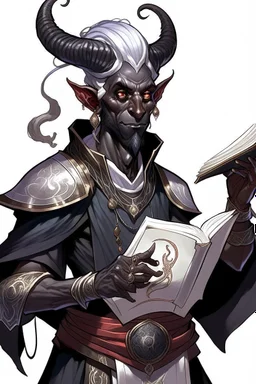 En male black skin tiefling fra dnd holding a book with Arcane Magic simple swirling around them in a silver and White Rope. His horn a perfectly place on acet from the front to the back pointing upwards