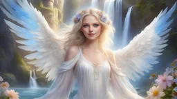 Très jolie femme ange aux yeux bleus, fine, couleur blanc irisé, ailes translucides, château, cascades, fleurs de toutes les couleurs, joli sourire