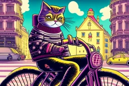 One single cat wearing jeans and sweater, riding on a bike in Vienna, perfect iris, comic Style, cute