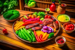 The picture shows a tasty and enticing dish containing a variety of tasty and colorful foods. The foods include perfectly grilled meat slices and crispy fresh vegetables pulsating with colors and flavors. The background shows a simple wooden table and a warm climate that feels comfortable and enjoyable to the eating experience.