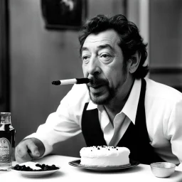 Serge Gainsbourg participate au meilleur pâtissier 2020, his cigarette in the mouth and a bottle of rhum for his dessert un épais baba au rhum