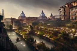 Tevere+river+Bar on garden rooftops +Rome mixed new york +Skyscraper +steampunk+biopunk+alphonse mucha, greg rutkowski,matte painting, cryengine, hyper detailed, felix kelly, fantasy art, seb mckinnon