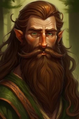 Gnom, braune lange wilde Haare, große, dicker Nase, gepflegter kinnlanger Bart, grüne Augen, schlank, hübsch, sehr jung, Druide, klein