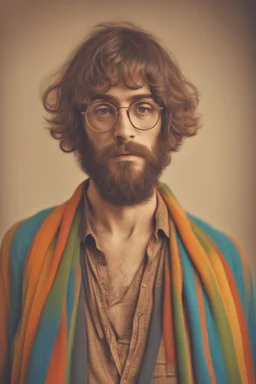 Hippie bohemian young man with Parisian bohemian look and glasses of colours and poor and short short short and poor hair on the head with receding hairline. Farsightedness glasses with big eyes. Long beard. Vintage look and feel like photo styleof the 70s