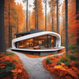 Cozy forest retreat, futuristic modern house in an autumn forest of vibrant colors. Contemporary design with clean lines and large windows, which radiate a feeling of warmth and comfort. A white car parked on the winding driveway leading to the house adds a touch of modernity to the rustic surroundings. The path is dotted with fallen leaves. Around the house, dense mix of green, orange and yellow foliage. 8k