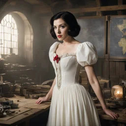 Snow White in flesh facing the camera, in her war map room