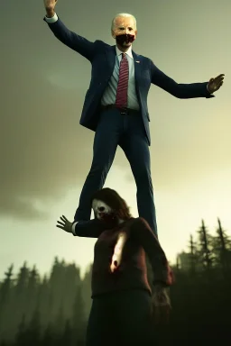 realistic image, joe biden zombie, arms raised halfway up, arm cut and bleeding, amputated leg, night, walking with a limp, waist up view, dark ambient, highly detailed, sky background, concept art, unreal engine 5, god rays, ray tracing, RTX, lumen lighting, ultra detail, volumetric lighting, 3d, finely drawn, high definition, high resolution.