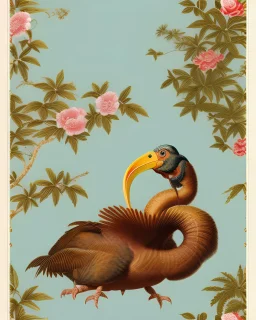 a repeating pattern of Vintage European chinoiserie wallpaper with dodo bird and oak leaf branches