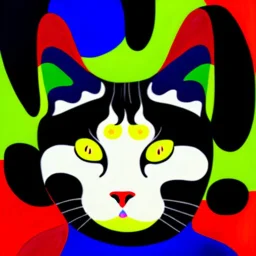 oil portrait of tricolor pattern Cat sleeping in a black sofa by Joan Miró 8k