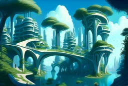 A futuristic alien city, with balconies, verandas, many arches, bridges, spires, paths, trees, dense foliage, Spanish moss, ivy, river, blue sky, white clouds