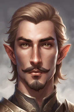 Generate a dungeons and dragons character portrait of the face of a male paladin handsome half elf blessed by the god Tyr. He has very light brown hair, eyebrows, moustache and goatee. He's 19 years old.
