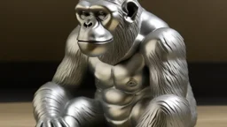 A silver colored metal elemental gorilla designed in ancient Egyptian pottery painted by Frank Wilson