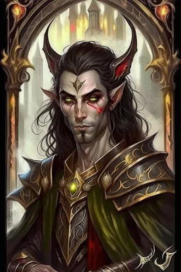 Sits on the throne, full length, mantle, black cloth, dark green eyes, holding a long spear with his left hand, human skin,