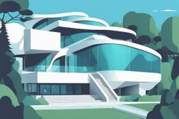 Vector illustration of a modern, neo-futufist country house with innovative shapes and curves. Concrete and glass materials. Trees, people