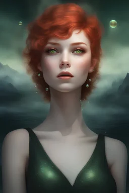 3D Bubbles, Floating hearts with an electrical current, fog, clouds, somber, ghostly mountain peaks, a flowing river of volcanic Lava, fireflies, a totally gorgeous woman with short, buzz-cut, pixie-cut red hair tapered on the sides, green eyes, wearing a black, sinister, mermaid dress "Nimue, The Lady of The Lake"