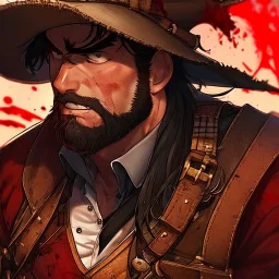 Clear focus, High resolution, max detail, Portrait, bearded, Gunslinger, Cowboy, cowboy hat, serious face, Blood Splatter