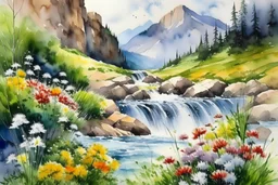 watercolor painting mountain view with waterfall and mountain flowers nearby by MICHAL JASIEWICZ