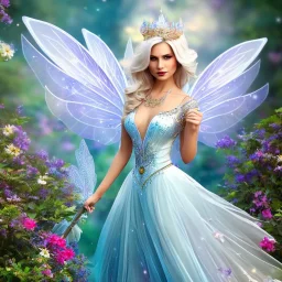 Fantasy fairy with transparent wings, smiling, make up, long platinum blond hair with crown and flowers, blue dress, flower background