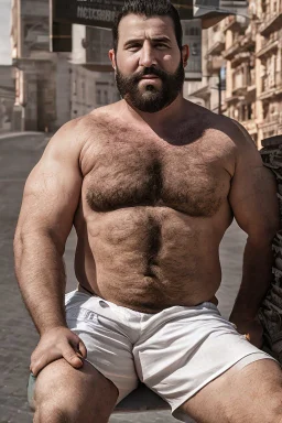 masculine muscular chubby burly mature arab man sunbathing, sitted on an empty street, 35 years old, ripped dirty tank top, bullneck, hands behind the neck, ripped dirty shorts, manly chest, very hairy, short beard, big shoulders, relaxed, photorealistic, well defined facial features, half figure photography, view angle from the ground