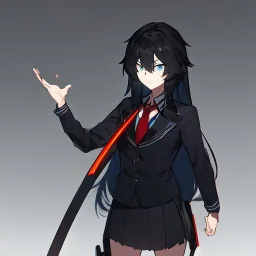 Clear focus, High resolution, long black fluffy hair, blue eyes, wearing a black sailor uniform, red tie, yandere, rough line sketch, dark aura, holding a katana, hair between eyes, 1girl, standing in grey sand