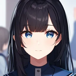 Clear focus,High resolution,8k,High quality, Black short straight hair, medium bangs, and vivrant blue eyes, wearing a sailor uniform, Extreme Close up