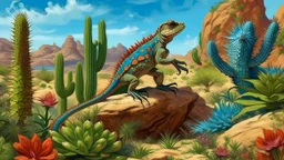 It shows the lizard perched on a rock next to a lush oasis filled with palm trees and vibrant flowers. The creature's green and brown spikes blend into the natural surroundings, with sparkling water reflecting the blue sky. It includes butterflies fluttering around, adding a touch of liveliness. Mood: Peaceful and vibrant, showing the beauty of life in the desert.