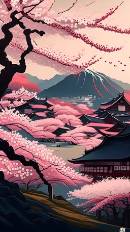 cherry blossoms in japanesse countryside, japanesse art style