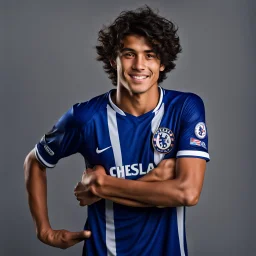 85mm DSLR color photography of a very detailed headshot fitting all of head and hair in frame. 20-year-old Uruguayan soccer player, and with no facial hair and has no facial hair, has short and black hair with a small smile, grey background is in a Chelsea fc shirt