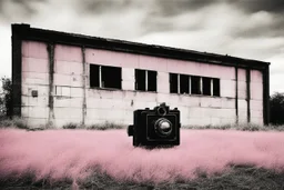 landscape ,minimal ,Photo with an old analog camera. Black and white. Part of a strange dream. white clouds wide plain The big building between them. like pink floyd pigs landscape ,Abandoned factory ,from a weird dream captured with the first model of dreamrecorder by gnom industries inc