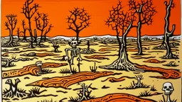 An orange colored arid desert with skeletal trees and a tar pit painted by Keith Haring