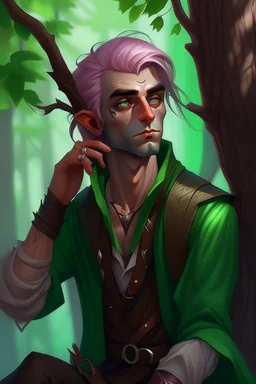 Male elf, rogue, brown skin, bright green eyes, mauve hair, sneaky, trees, stoner, long bow, black leather straps, disheveled, smoking weed