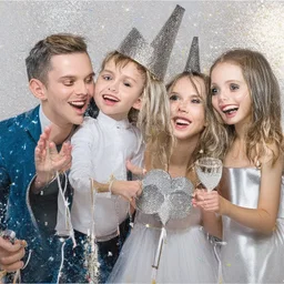 Photograph of a happy couple with kids celebrating with silver party decoration.