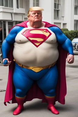 morbidly obese superman with donald trump's head and his belly hanging out