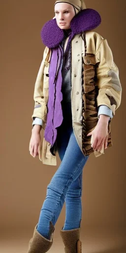 Image shows wholly a Brunette. average body type. Mantle is sewed of recycled Denim and sewed together of camouflage pieces. Camouflage colors are orange,terracotta, cream and purple. Cream latex gaiter. Big bright purple/khaki felt tippet and cream or blue or lilac colored-hood. mantle is merged with satchel. . AKG-style headphones (gold rings!) is merged with small felt cap with small visor. Style: Haute Couture in 1936, Paris fashion in 2023, inspired by street art.