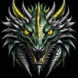 stunning metallic shiny silver-green dragon head with yellow eyes on black background, dragon looking the camera, dark fantasy, vector illustration, 2d , centered, high detalied, professional, line art, vector graphics, dark mood, hyper realistic, deep colors, cinematic