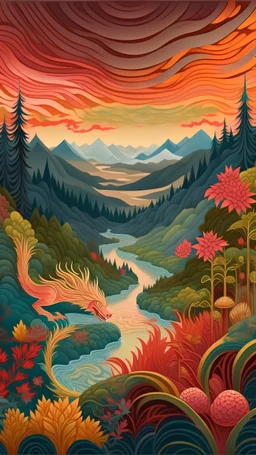 a dramatic, highly detailed painting of a lush Pacific Northwest forested river valley landscape in the pale light of dawn, in the style of David Hockney, and Sam Lewis Francis mixed with random Zentangle patterns, rich natural colors, museum quality masterpiece Modifiers: 4K 3D 优雅的 海报 美丽的 高细节 动态照明 获奖 高清 很有魅力 超现实 极简主义 矢量插画 纹理清晰 表现主义 立体感 插画图 高质量 高分辨率 高立体观感