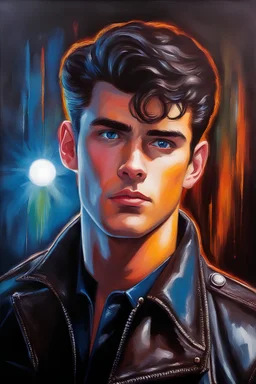 18-year-old Elvin P. Resley with crew-cut dark brown hair tapered on the sides, bangs over the forehead, goatee, bushy eyebrows, blue eyes, wearing a leather jacket - pitch black background with an overhead spotlight effect, extremely colorful, oil painting by Gerald Brom