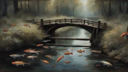 A dark stream with metal debris floating on its surface and rare fish swimming inside, a wooden bridge similar to those in Monet's works crosses it.