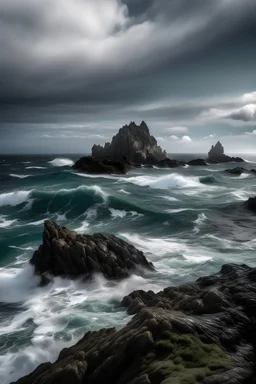 el paisaje desde una isla de roca en medio del océano con un clima tempestuoso y a la vez majestuoso