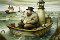 A fat man wearing a hat, is in a bath tub, by a light house, by andrea kowch, holding a umbrella, inspired by andrew wyeth. A rustic harbour, with ships docked is nearby. The Beach is covered with sea shells, crabs and lobsters.There are rain clouds and everything looks as if done in watercolors victo ngai, matisse, monet, catrin welz-stein, vladi