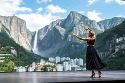A modern city at the foot of the mountain. The entrance valley with a waterfall from a high rock. A beautiful lady dancer showing her performance in a poen stage in a top and midi skirt.