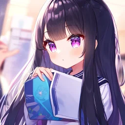 Clear Focus, High resolution, loli girl wearing a sailor school unform, black long fluffy hair, purple eyes,