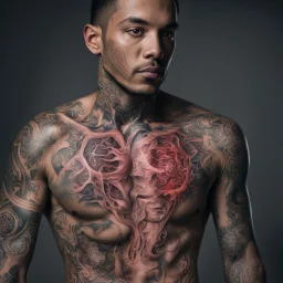 man with light skin with the entire cardiovascular system tattooed, nikon 70mm lens, photo, professional studio photo, very real