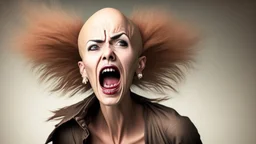 bald lady screaming while holding shoddy wig in her hands in front of her