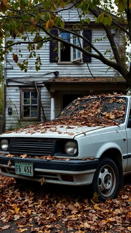 A car abandoned in front of an old house covered with tree leaves and branches