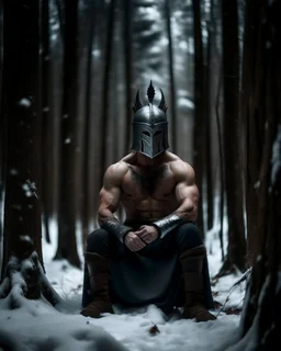 man sitting on a throne in a middle of a snowy forest, muscular athletic physique, wearing a spartan helmet over face,